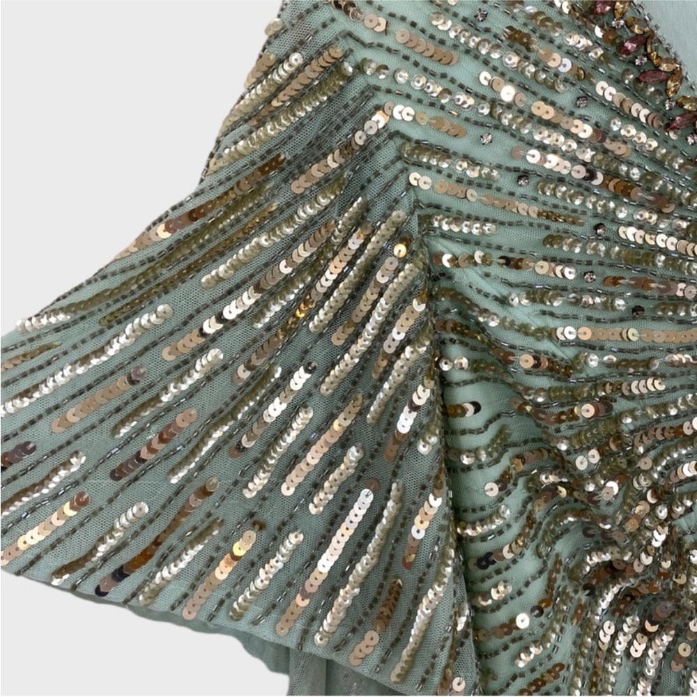 Mac Duggal Silver and Green Maxi Dress with Sequin Elegance - Picture 6 of 9